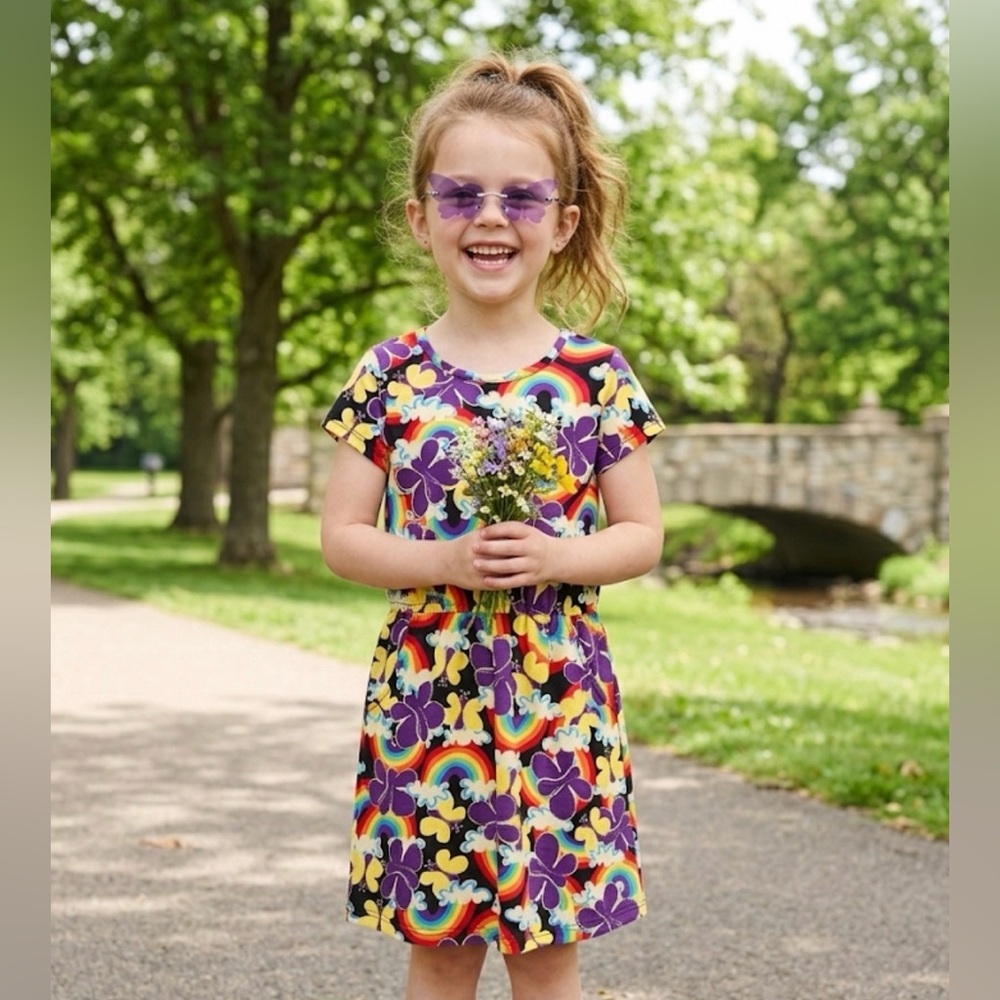 LuLaRoe Kids Dress with Rainbow and Purple Floral Patterns